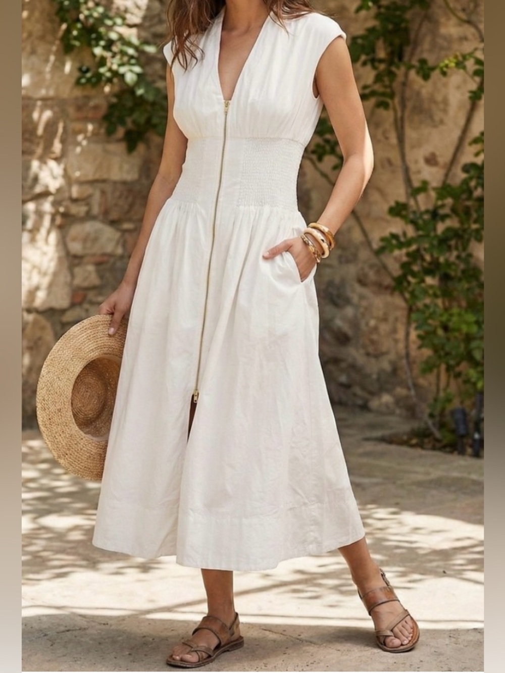 Anthropologie The Tommie Cap-Sleeve Smocked Front-Zip White Midi Shirt Dress SzL